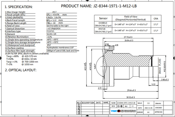 Ø9.7 F/NO1.8 8MP ADAS 카메라 렌즈 광대 시야장 OX08B40 센서 낮은 왜곡
